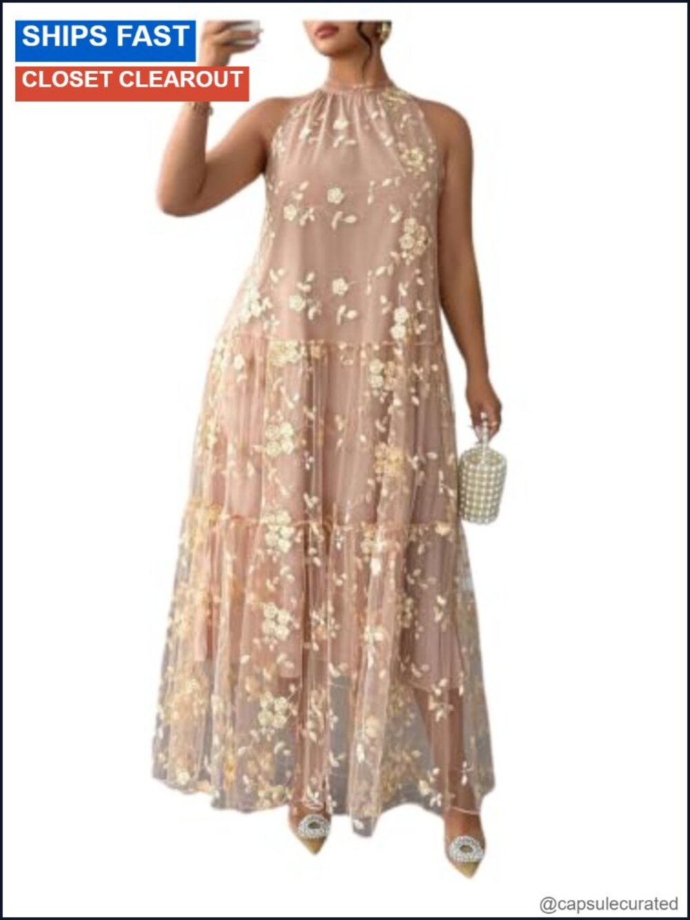 Plus Size Sleeveless Halter Neck Maxi Dress Loose Fit Ruffle Hem